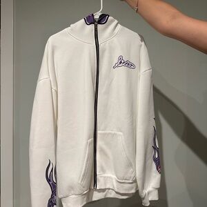 White Zip-Up Hoodie with Purple Flame Design